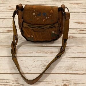 Vintage Stitched and Hand Tooled Brown Leather Saddle Bag